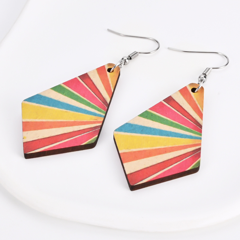 Colorful Stripes Rhombus Wooden Earrings, Boho Style